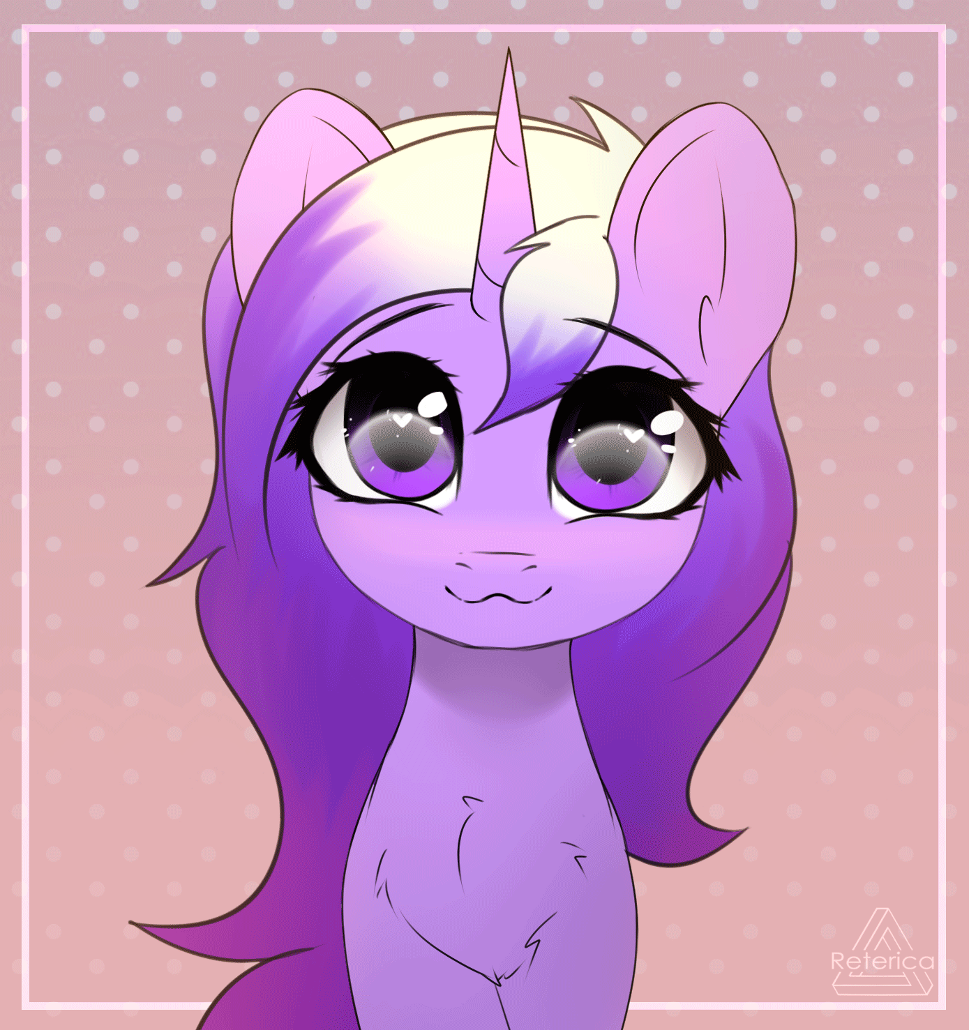 Size: 1389x1477 | Tagged: safe, artist:radioaxi, oc, oc only, oc:stardust (midnight note), species:pony, species:unicorn, :3, abstract background, animated, chest fluff, cute, eyes closed, female, heart, heart eyes, looking at you, mare, ocbetes, smiling, solo, wingding eyes