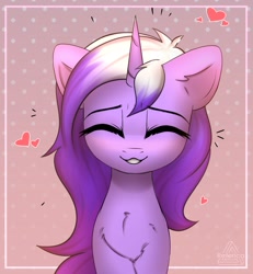 Size: 1381x1492 | Tagged: safe, alternate version, artist:radioaxi, oc, oc only, oc:stardust (midnight note), species:pony, species:unicorn, :3, abstract background, chest fluff, eyes closed, female, heart, mare, smiling, solo