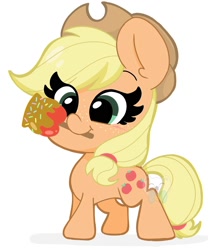 Size: 1700x2000 | Tagged: safe, artist:kittyrosie, character:applejack, species:earth pony, species:pony, caramel apple (food), cute, female, food, jackabetes, mare, mouth hold, simple background, smiling, solo, white background