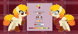 Size: 7499x3320 | Tagged: safe, artist:midnightamber, base used, oc, oc:autumn breeze, species:earth pony, species:pony, clothing, glasses, gradient hair, leaf mane, leaf tail, leaves, plaid background, reference sheet, scarf, simple background, solo