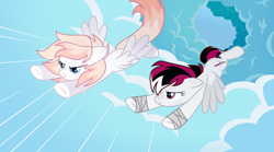 Size: 3600x2000 | Tagged: safe, artist:rerorir, oc, oc only, oc:razorwing, species:pegasus, species:pony, bandage, cloud, female, flying, mare, simple background, white background