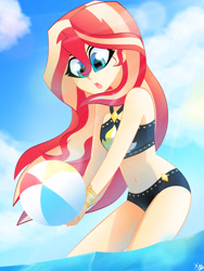 Size: 2448x3264 | Tagged: safe, artist:xan-gelx, character:sunset shimmer, my little pony:equestria girls, beach ball, bikini, clothing, cute, cutie mark, cutie mark on clothes, female, high res, midriff, open mouth, playing, shimmerbetes, sleeveless, solo, summer sunset, swimsuit, water
