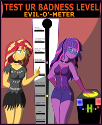 Size: 2050x2494 | Tagged: safe, artist:physicrodrigo, character:midnight sparkle, character:sunset shimmer, character:twilight sparkle, character:twilight sparkle (scitwi), species:eqg human, series:equestria mermaids, my little pony:equestria girls, :i, attitudinator, breasts, busty sunset shimmer, busty twilight sparkle, choker, clothing, convention, evil, gloves, high res, i mean i see, kim possible, long gloves, meter, midnight sparkle, pointing, ripped shirt, smiling, visor