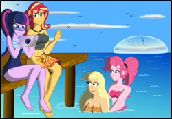 Size: 3202x2214 | Tagged: safe, artist:physicrodrigo, part of a set, character:applejack, character:pinkie pie, character:sunset shimmer, character:twilight sparkle, character:twilight sparkle (scitwi), species:eqg human, series:equestria mermaids, my little pony:equestria girls, barefoot, battleship, belly button, boat, breasts, busty applejack, busty pinkie pie, busty sunset shimmer, clothing, feet, force field, high res, mermaid, mermaidized, mexico, military, navy, ocean, orange bra, orange underwear, part of a series, pier, pink bra, pink underwear, seashell bra, ship, smiling, species swap, swimsuit, underwear