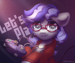 Size: 2000x1661 | Tagged: safe, artist:radioaxi, oc, oc only, oc:cinnabyte, adorkable, clothing, controller, cute, dork, gamecube controller, glasses, smiling, sweater
