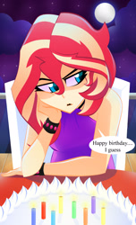 Size: 2166x3564 | Tagged: safe, artist:xan-gelx, character:sunset shimmer, my little pony:equestria girls, birthday cake, cake, candle, dialogue, food, full moon, moon, sleeveless, solo, speech bubble, tsundere, tsunset shimmer