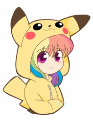 Size: 1600x2100 | Tagged: safe, artist:kittyrosie, character:rainbow dash, species:human, bust, clothing, costume, crossover, cute, dashabetes, dawwww, female, hands in pockets, hoodie, humanized, kigurumi, looking at you, pikachu, pokémon, pokémon hoodie, simple background, solo, white background