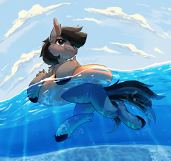 Size: 2500x2361 | Tagged: safe, artist:peachmayflower, oc, oc only, oc:grey matter, species:earth pony, species:pony, cloud, floating, inner tube, solo, water
