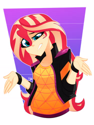 Size: 2442x3264 | Tagged: safe, artist:xan-gelx, character:sunset shimmer, equestria girls:sunset's backstage pass, g4, my little pony: equestria girls, my little pony:equestria girls, spoiler:eqg series (season 2), bracelet, clothing, female, high res, jacket, jewelry, solo, wristband