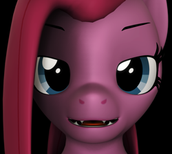 Size: 1213x1080 | Tagged: safe, artist:camtwosix, character:pinkamena diane pie, character:pinkie pie, species:anthro, species:plantigrade anthro, 3d, bust, creepy, cute, cute little fangs, fangs, lidded eyes, looking at you, open mouth, revamped anthros, source filmmaker