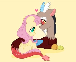 Size: 2048x1672 | Tagged: safe, artist:kittyrosie, character:discord, character:fluttershy, species:draconequus, species:pegasus, species:pony, ship:discoshy, g4, blushing, cute, female, heart, male, mare, no pupils, profile, prone, shipping, simple background, sitting, straight, yellow background