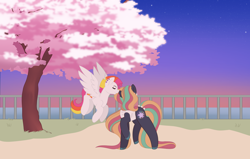 Size: 8000x5101 | Tagged: safe, artist:midnightamber, oc, oc:cosmo couture, oc:sunrise surprise, species:earth pony, species:pegasus, species:pony, boop, cherry blossom tree, flying, long hair, long mane, long tail, mowhawk, multicolored hair, plants, smiling, stars, sunset, tree