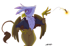 Size: 1386x895 | Tagged: safe, artist:boreddrawfag, artist:rustydooks, character:gilda, species:anthro, species:griffon, bipedal, cigar, colored, female, hand on hip, simple background, solo, white background