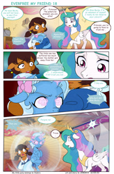 Size: 5143x7841 | Tagged: safe, artist:jeremy3, character:princess celestia, character:trixie, oc, oc:becky brown, oc:miss becky, species:alicorn, species:earth pony, species:pony, species:unicorn, comic:everfree, comic:everfree my friend, cast, comic, female, filly, filly trixie, glowing eyes, glowing horn, horn, ribbon, younger