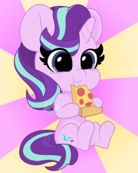 Size: 1638x2048 | Tagged: safe, artist:kittyrosie, character:starlight glimmer, species:pony, species:unicorn, blushing, cute, eating, female, food, glimmerbetes, mare, pizza, sitting, solo, sunburst background, tomato