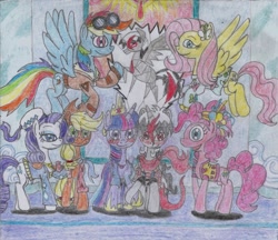 Size: 1703x1469 | Tagged: safe, artist:nephilim rider, character:applejack, character:fluttershy, character:pinkie pie, character:rainbow dash, character:rarity, character:twilight sparkle, character:twilight sparkle (alicorn), oc, oc:heaven lost, species:alicorn, species:pony, mane six, traditional art