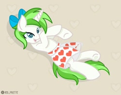Size: 1280x996 | Tagged: safe, artist:redpalette, oc, oc:minty root, species:pony, species:unicorn, bow, boxers, clothing, cute, smiling, underwear