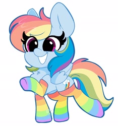 Size: 1920x2048 | Tagged: safe, artist:kittyrosie, character:rainbow dash, species:pegasus, species:pony, chest fluff, clothing, cute, dashabetes, female, mare, rainbow socks, simple background, smiling, socks, solo, striped socks, white background