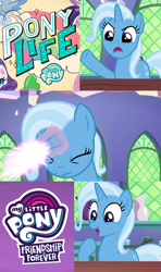 Size: 640x1080 | Tagged: safe, artist:kayman13, edit, edited screencap, screencap, character:trixie, episode:all bottled up, g4, my little pony: friendship is magic, my little pony:pony life, background pony strikes again, drama, exploitable meme, mouthpiece, my little pony logo, my little pony: friendship is forever, op is trying to be funny, op isn't even trying anymore, pony life drama, trixie fixing meme