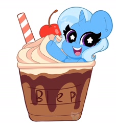 Size: 2000x2200 | Tagged: safe, artist:kittyrosie, character:trixie, species:pony, species:unicorn, cherry, chest fluff, cute, diatrixes, drink, female, food, frappe, high res, mare, open mouth, playskool, ponies in food, simple background, smiling, solo, starry eyes, straw, whipped cream, white background, wingding eyes