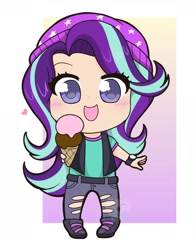 Size: 1722x2200 | Tagged: safe, artist:kittyrosie, character:starlight glimmer, species:human, equestria girls:mirror magic, g4, my little pony: equestria girls, my little pony:equestria girls, spoiler:eqg specials, abstract background, beanie, blushing, chibi, clothing, cute, female, glimmerbetes, hat, heart, human coloration, humanized, jeans, looking at you, open mouth, pants, ripped jeans, solo, that human sure does love ice cream