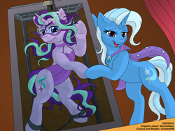 Size: 2048x1536 | Tagged: safe, artist:novaintellus, edit, character:starlight glimmer, character:trixie, species:pony, newbie artist training grounds, ankle chain, atg 2020, cape, clothing, colored, colors:crowley, escape act, leotard, monochrome, one-piece swimsuit, open-back swimsuit, swimsuit, trixie's cape, underwater
