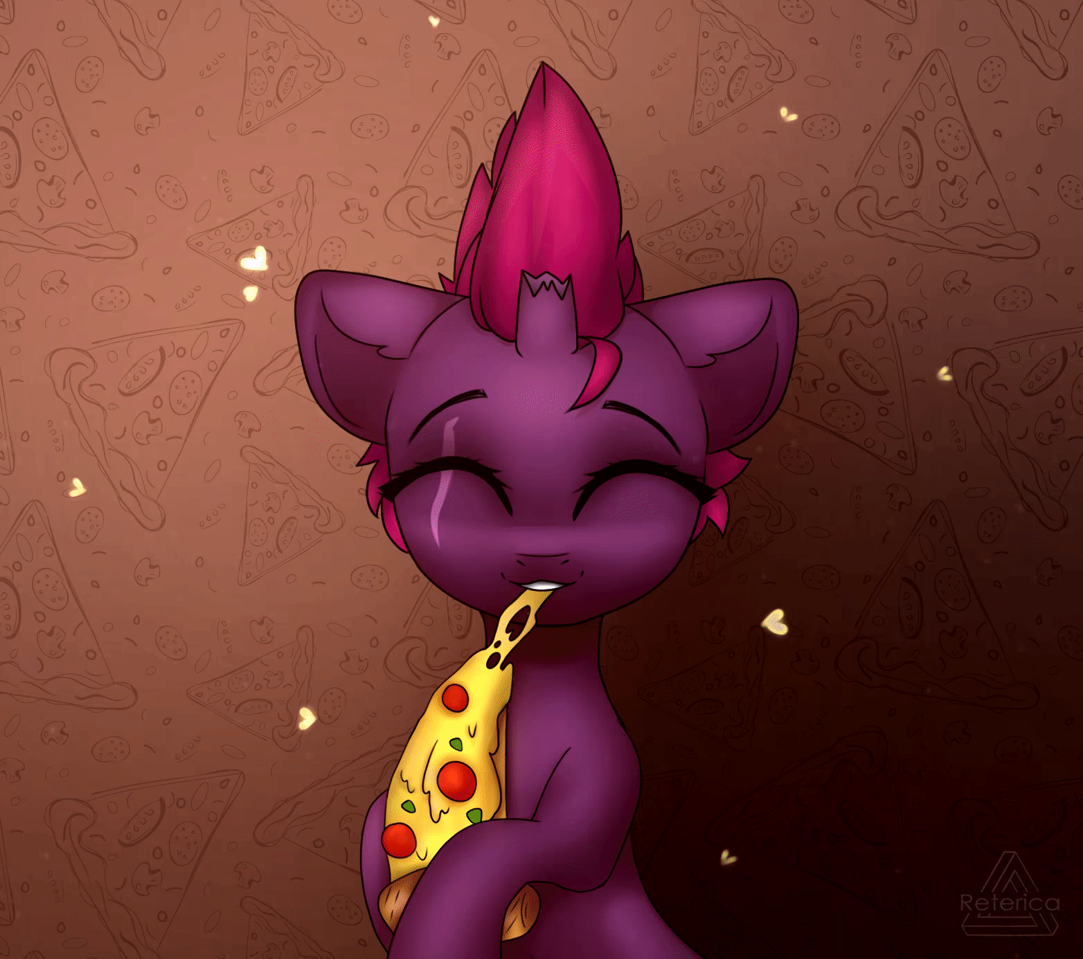 Size: 1564x1386 | Tagged: safe, artist:radioaxi, character:fizzlepop berrytwist, character:tempest shadow, species:pony, species:unicorn, animated, blinking, broken horn, cute, cuteness overload, eating, eye scar, female, food, gif, horn, mare, pizza, scar, solo, tempestbetes