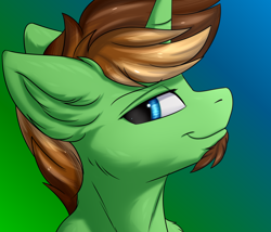 Size: 3500x3000 | Tagged: safe, artist:snowstormbat, oc, oc only, oc:glow speed, species:pony, species:unicorn, beard, bedroom eyes, bust, ear fluff, facial hair, goatee, gradient background, high res, horn, looking at you, male, portrait, smiling, smirk, solo, stallion