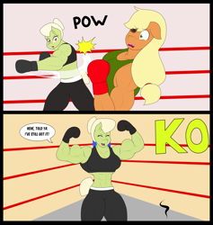 Size: 3168x3336 | Tagged: safe, artist:matchstickman, character:applejack, character:granny smith, species:anthro, abs, applejacked, biceps, black eye, boxing, boxing gloves, boxing ring, breasts, busty applejack, busty granny smith, clothing, comic, commission, dialogue, eyes closed, female, fight, flexing, granny smash, hair bun, happy, knockout, muscles, muscular female, pants, punch, speech bubble, sports, sports bra, sweatpants, victory pose