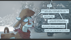 Size: 3840x2162 | Tagged: safe, artist:icychamber, character:arizona cow, species:cow, them's fightin' herds, clothing, dialogue, engrish, horn, offscreen character, open mouth, pine tree, scarf, snow, speech bubble, tree, wat