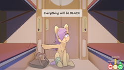 Size: 3840x2162 | Tagged: safe, artist:icychamber, character:scootaloo, species:pegasus, species:pony, annoyed, backpack, bandage, bunk bed, caption, coronavirus, dialogue box, hair over one eye