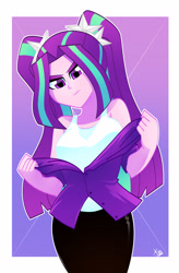 Size: 2161x3301 | Tagged: safe, artist:xan-gelx, character:aria blaze, my little pony:equestria girls, changing clothes, clothing, female, high res, looking at you, open clothes, pants, sleeveless, solo, tank top, undressing