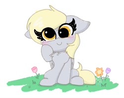 Size: 2135x1700 | Tagged: safe, artist:kittyrosie, character:derpy hooves, species:pegasus, species:pony, blushing, chest fluff, cute, derpabetes, female, floppy ears, flower, looking at you, mare, simple background, sitting, solo, white background