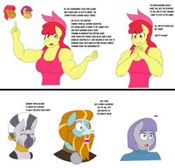 Size: 2048x1965 | Tagged: safe, artist:matchstickman, character:apple bloom, character:babs seed, character:maud pie, character:rockhoof, character:scootaloo, character:zecora, species:anthro, species:earth pony, species:pegasus, species:pony, species:zebra, apple bloom's bow, apple brawn, armpits, biceps, bow, breasts, busty apple bloom, clothing, comic, deltoids, dialogue, female, hair bow, male, mare, matchstickman's apple brawn series, muscles, older, older apple bloom, simple background, stallion, tumblr comic, tumblr:where the apple blossoms, white background