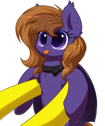 Size: 5000x6000 | Tagged: safe, artist:acersiii, oc, oc:lemon drop, oc:lunar rose, species:bat pony, species:pony, bat pony oc, big eyes, blep, blepping, chest fluff, collar, colored pupils, commission, cute, dilated pupils, ear fluff, ear tufts, female, holding a pony, mare, ocbetes, offscreen character, orange mane, pov, purple coat, purple eyes, simple background, small pony, smiling, solo focus, tongue out, transparent background, underhoof, wings