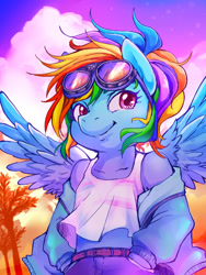 Size: 600x800 | Tagged: safe, artist:hobilo, character:rainbow dash, species:anthro, clothing, cloud, female, goggles, hands in pockets, hoodie, midriff, off shoulder, see-through, short shirt, sky, solo