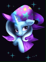 Size: 503x683 | Tagged: safe, artist:hosikawa, character:trixie, species:pony, species:unicorn, black background, cape, clothing, female, hat, horn, magic, simple background, smiling, solo, trixie's cape, trixie's hat