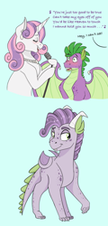 Size: 1906x3961 | Tagged: safe, artist:pastel-charms, character:spike, character:sweetie belle, oc, oc:silver note, parent:spike, parent:sweetie belle, parents:spikebelle, species:dracony, species:dragon, species:pony, ship:spikebelle, female, hybrid, interspecies offspring, male, offspring, older, shipping, straight, winged spike