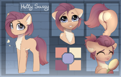 Size: 2500x1600 | Tagged: safe, artist:radioaxi, oc, oc only, oc:helly sassy, species:earth pony, species:pony, blank flank, brush, butt, chest fluff, commission, ear fluff, female, heart butt, looking at you, mare, pale belly, plot, reference sheet, smiling
