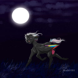 Size: 1000x1000 | Tagged: safe, artist:ohflaming-rainbow, oc, oc only, oc:flaming rainbow, species:alicorn, species:pony, alicorn oc, colored wings, female, full moon, horn, mare, moon, multicolored wings, running, solo, wings