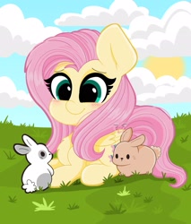 Size: 1745x2048 | Tagged: safe, artist:kittyrosie, character:fluttershy, species:pegasus, species:pony, species:rabbit, animal, blushing, chest fluff, cloud, cute, female, mare, prone, shyabetes, solo