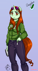 Size: 482x900 | Tagged: safe, alternate version, artist:cabrony, artist:pia-sama, oc, oc only, oc:sleepy face, species:anthro, species:pony, species:unicorn, clothing, collaboration, cutie mark, digital art, female, freckles, hand in pocket, horn, looking at you, notebook, pants, solo, standing, sunglasses, sweater, tail