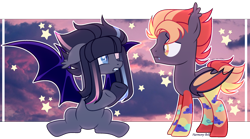 Size: 2682x1491 | Tagged: safe, artist:harmony bell, artist:rerorir, base used, oc, oc only, species:bat pony, species:pony, commission, female, looking at each other, male, mare, stallion, ych result