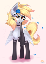 Size: 2888x3945 | Tagged: safe, artist:nevobaster, character:derpy hooves, species:pegasus, species:pony, g4, abstract background, adorasexy, black socks, clothing, cute, derp, female, flower, flower in hair, mare, mouth hold, pale belly, sexy, simple background, socks, stockings, stupid sexy derpy, thigh highs, two toned wings, wings
