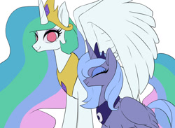 Size: 1500x1100 | Tagged: safe, artist:hosikawa, character:princess celestia, character:princess luna, colored, crown, digital art, duo, flat colors, jewelry, nuzzling, regalia, royal sisters, s1 luna, sisterly love, smiling, wip