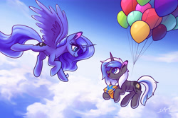 Size: 7000x4666 | Tagged: safe, artist:lollipony, character:princess luna, oc, oc:equui-nox, species:alicorn, species:pony, species:unicorn, absurd resolution, balloon, birthday, cloud, commission, cute, duo, ear fluff, female, floating, flying, looking at each other, mare, present, smiling