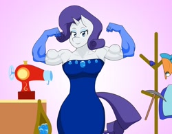 Size: 1280x996 | Tagged: safe, artist:matchstickman, character:rarity, species:anthro, species:pony, species:unicorn, biceps, clothing, dress, evening gloves, female, flexing, gem, gloves, lidded eyes, long gloves, looking at you, mare, muscles, muscular female, pose, ripped rarity, sewing machine, simple background, smiling, solo