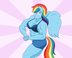 Size: 1962x1588 | Tagged: safe, artist:matchstickman, character:rainbow dash, species:anthro, species:pegasus, species:pony, abs, bikini, bikini top, clothing, commission, compression shorts, female, flexing, grin, mare, muscles, muscular female, pecs, pose, rainbuff dash, smiling, solo, swimsuit