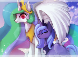 Size: 1500x1100 | Tagged: safe, artist:hosikawa, character:princess celestia, character:princess luna, species:alicorn, species:pony, cloud, colored pupils, crown, cute, duo, eyes closed, female, jewelry, mare, regalia, royal sisters, s1 luna, siblings, sisters, sky, smiling, spread wings, wing shelter, wings