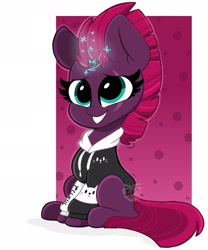 Size: 1707x2048 | Tagged: safe, artist:kittyrosie, character:tempest shadow, species:pony, species:unicorn, broken horn, clothing, cute, electricity magic, female, glowing horn, hoodie, horn, magic, mare, sitting, smiling, solo, tempestbetes